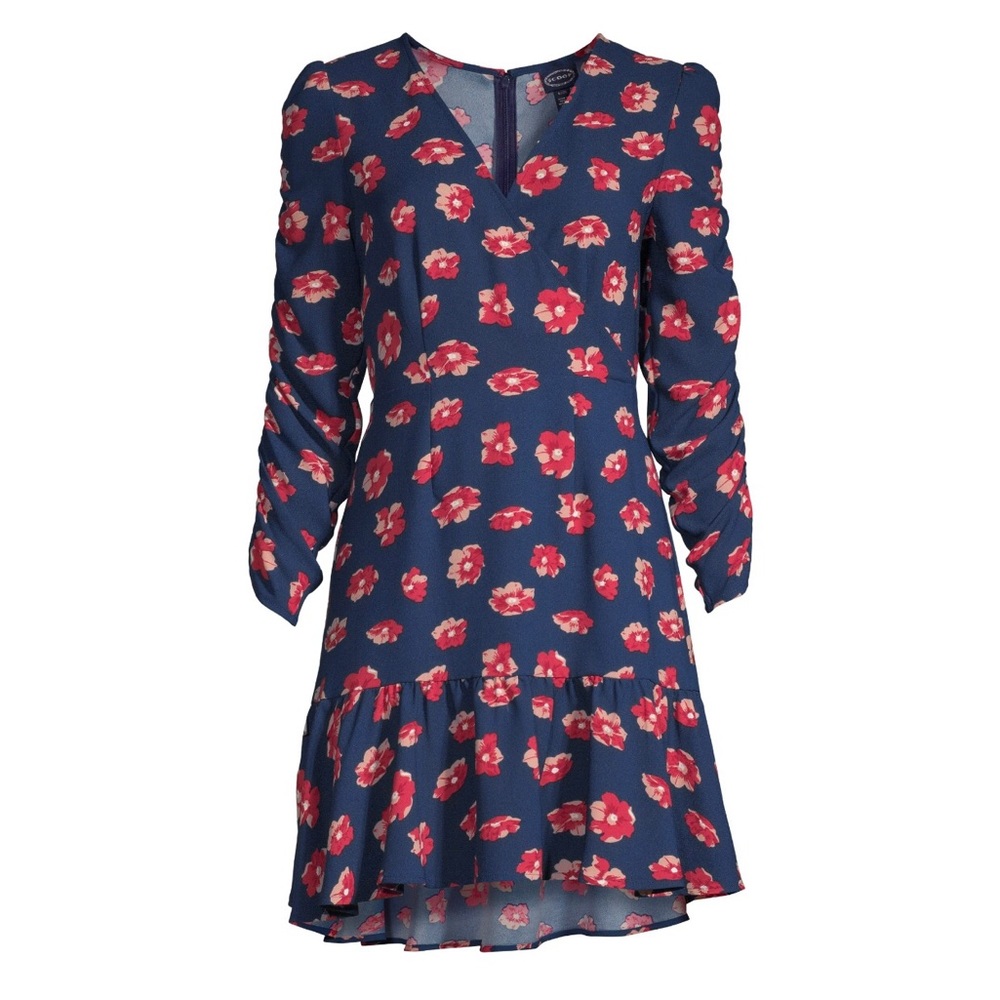 Scoop Poppy Floral Print Ruched Sleeve Ruffle Faux Wrap Mini Dress